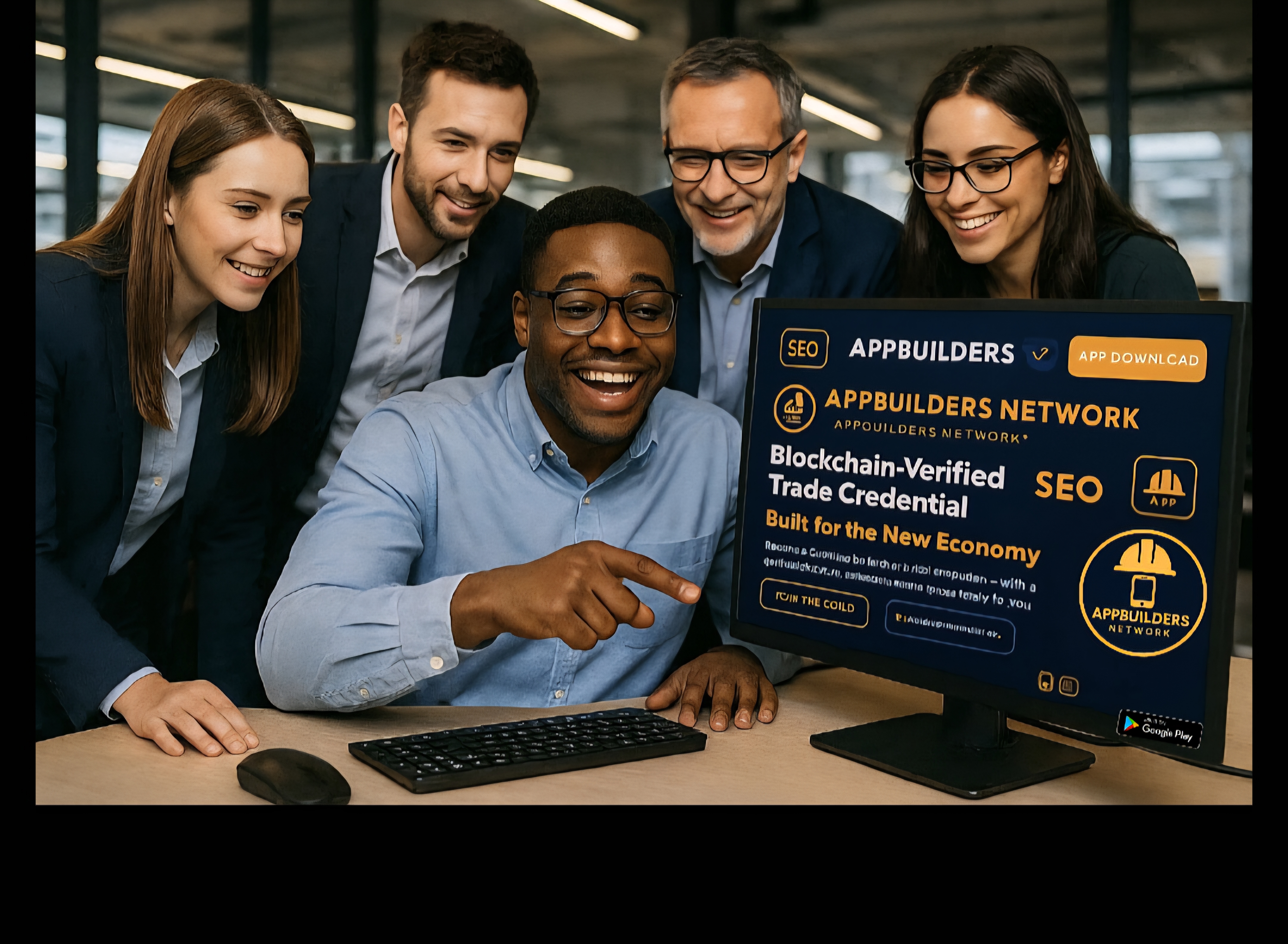 Team of professionals gathered around a monitor reviewing the AppBuilders Network dashboard